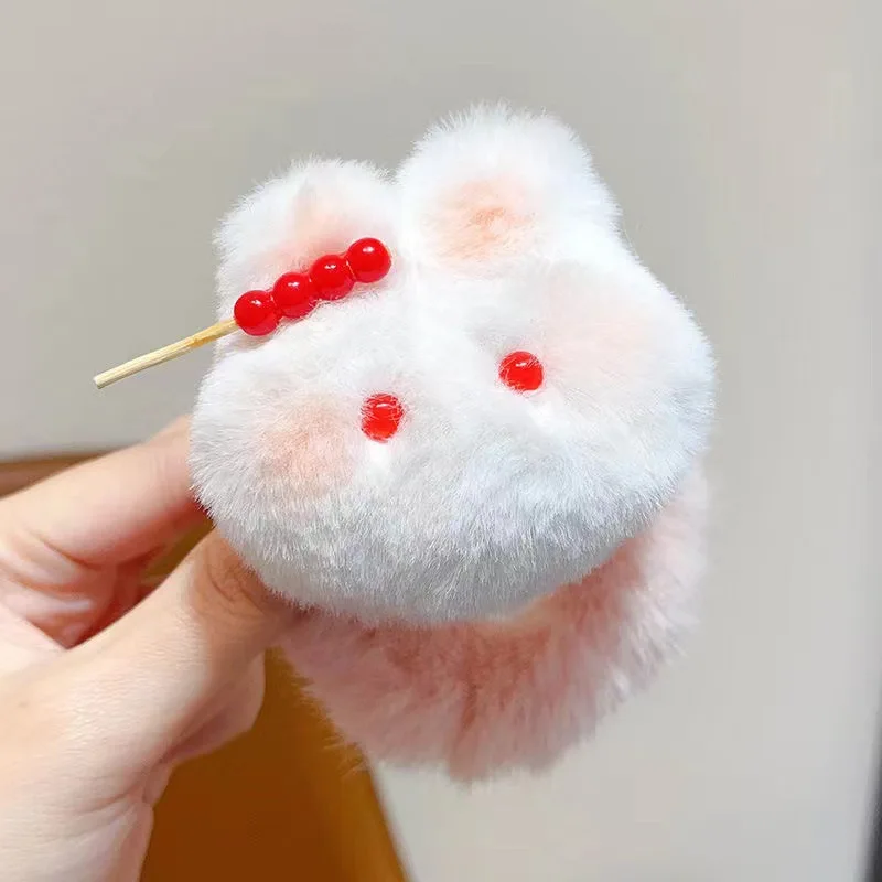 1pc Bingtanghulu strawberry bunny hairpin plush clip cute powder blusher rabbit hairpin autumn and winter hair accessories