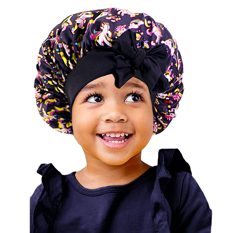New Kids Unicorn Satin Bonnet Wide Elastic Band Ribbon Sleeping Cap Curly Natural Hair Child Night Caps Shower Cap Headscarf