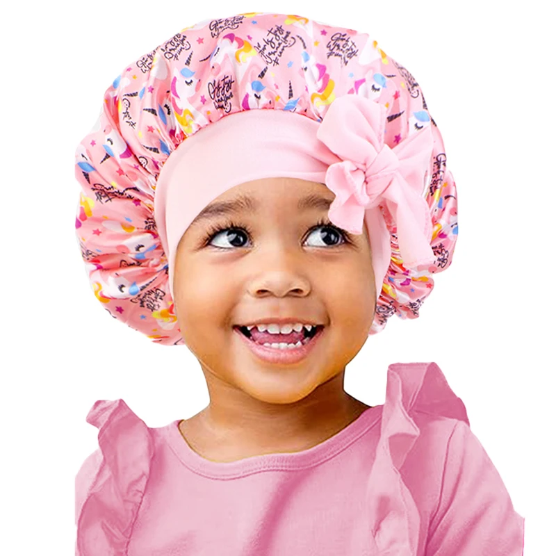 New Kids Unicorn Satin Bonnet Wide Elastic Band Ribbon Sleeping Cap Curly Natural Hair Child Night Caps Shower Cap Headscarf