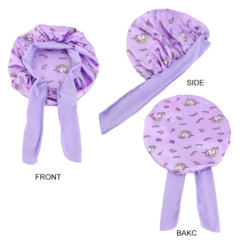 New Kids Unicorn Satin Bonnet Wide Elastic Band Ribbon Sleeping Cap Curly Natural Hair Child Night Caps Shower Cap Headscarf