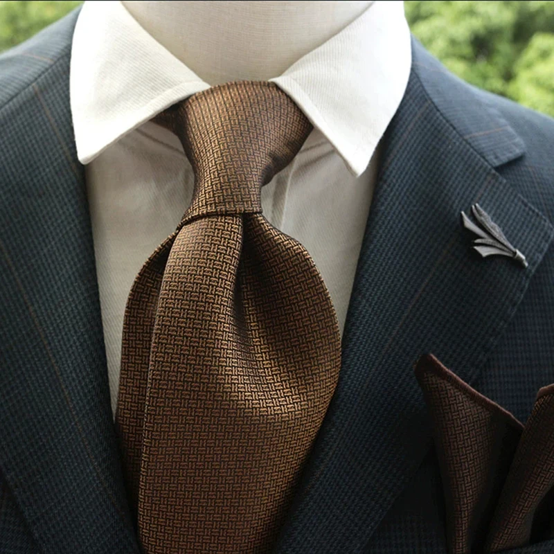 8cm Width Luxury Solid White Brown Neckties For Men Polyester Woven Black Neck Ties Business Wedding Party Accessories Cravat