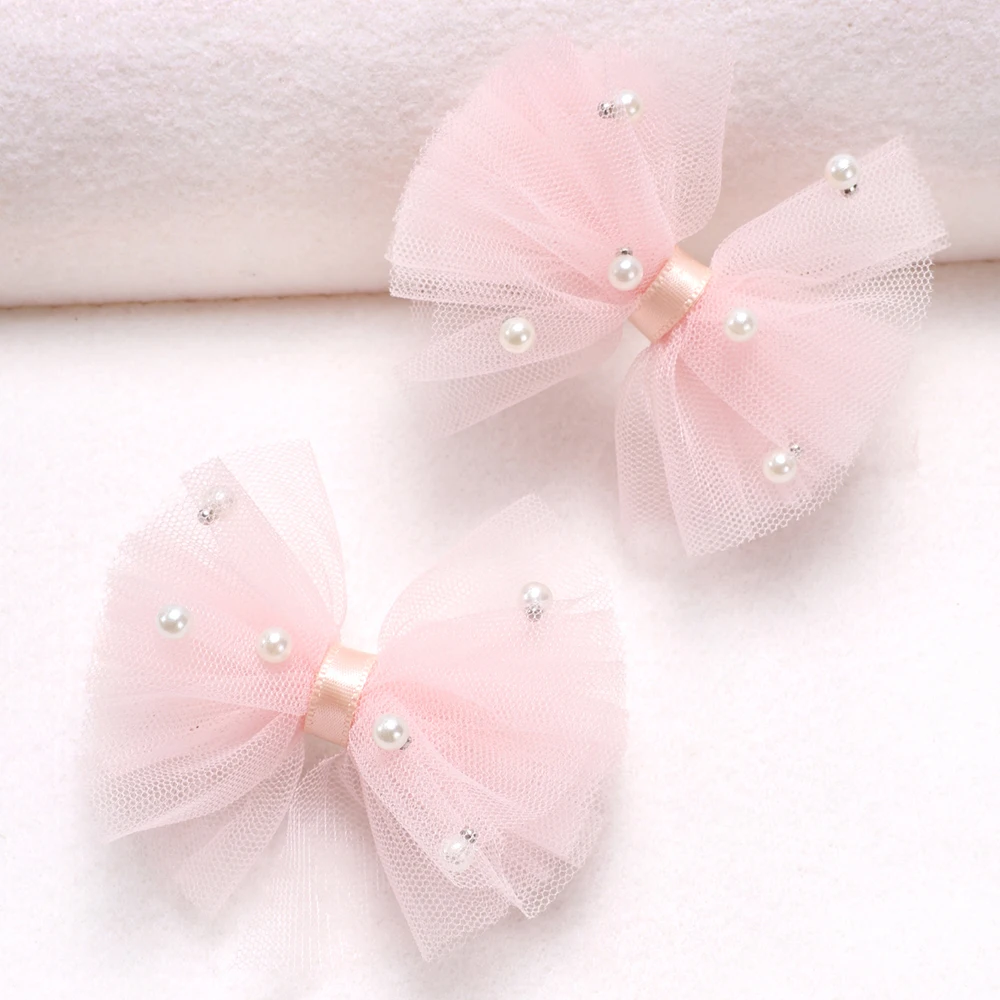 2Pcs Puffy Netting Hair Clips Bubble Cute Sweet Pink Pearl Bow Barrettes For Baby Girl Children School Play Headwear Accessories