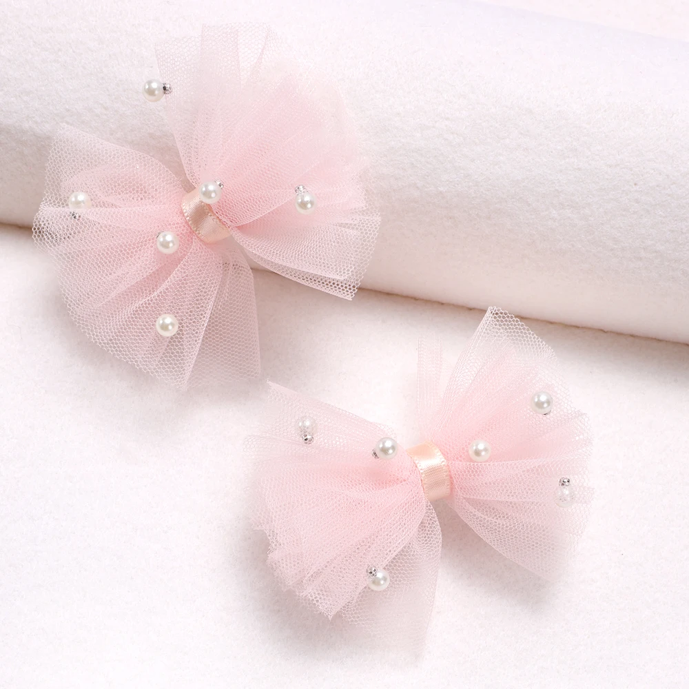2Pcs Puffy Netting Hair Clips Bubble Cute Sweet Pink Pearl Bow Barrettes For Baby Girl Children School Play Headwear Accessories