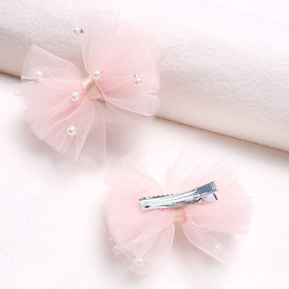 2Pcs Puffy Netting Hair Clips Bubble Cute Sweet Pink Pearl Bow Barrettes For Baby Girl Children School Play Headwear Accessories