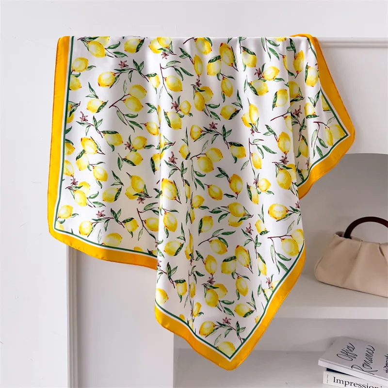 1pcs Summer Bright Color Oil Painting Lemon Print Small Square Women Satin Neck Tie Scarfs Soft Neat Ladies Neckerchiefs