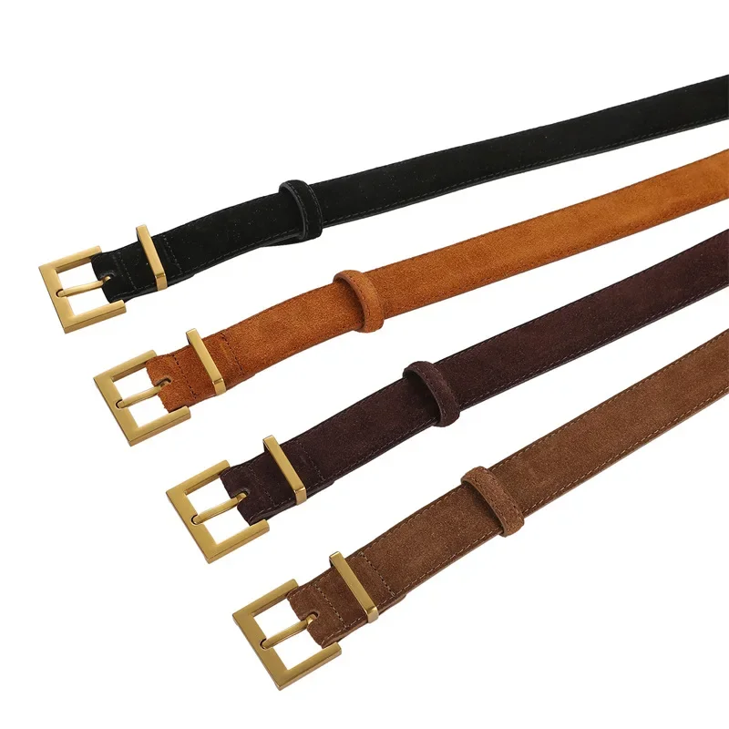 Womens Double Genuine Leather Belt Fashionable Cowhide Suede Belts with Square Alloy Buckle for Dresses Jeans Casual Wear