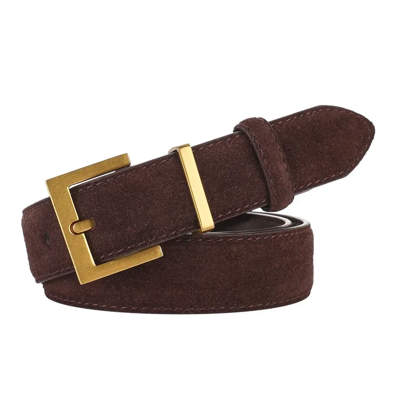 Womens Double Genuine Leather Belt Fashionable Cowhide Suede Belts with Square Alloy Buckle for Dresses Jeans Casual Wear