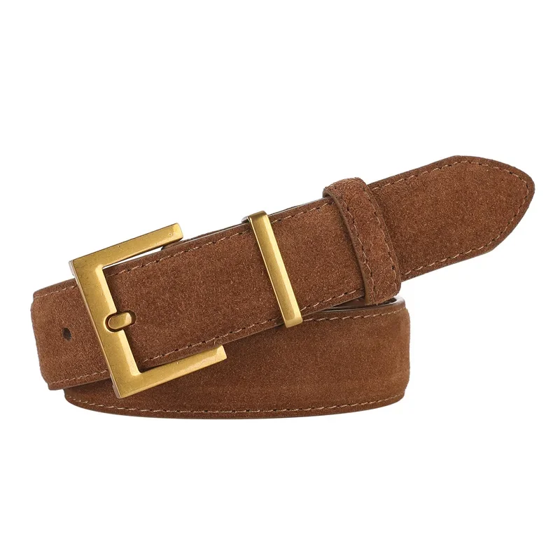 Womens Double Genuine Leather Belt Fashionable Cowhide Suede Belts with Square Alloy Buckle for Dresses Jeans Casual Wear