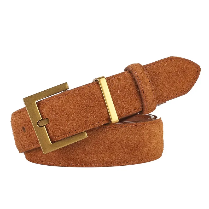 Womens Double Genuine Leather Belt Fashionable Cowhide Suede Belts with Square Alloy Buckle for Dresses Jeans Casual Wear