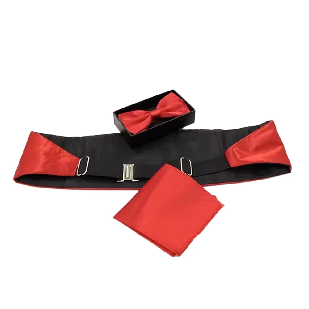 Fashion Wide Silk Satin Tuxedo Cummerbund Elastic Gentleman Pocket Square Belly Band Business Neck Tie Set Compere