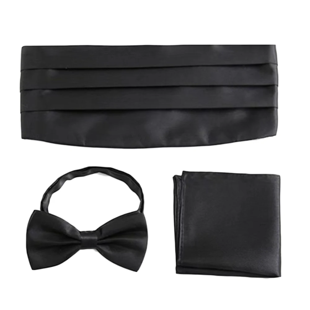 Fashion Wide Silk Satin Tuxedo Cummerbund Elastic Gentleman Pocket Square Belly Band Business Neck Tie Set Compere