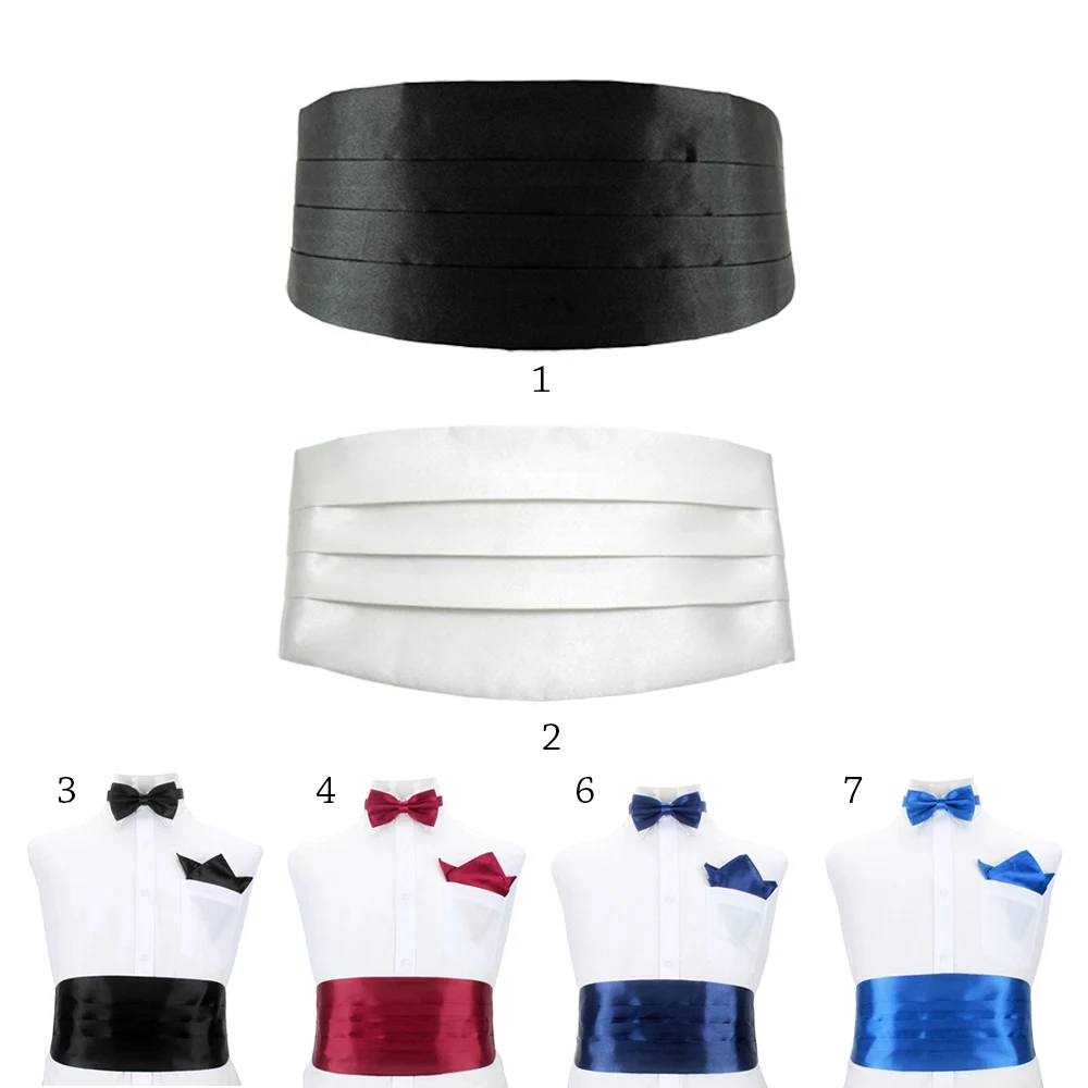 Fashion Wide Silk Satin Tuxedo Cummerbund Elastic Gentleman Pocket Square Belly Band Business Neck Tie Set Compere