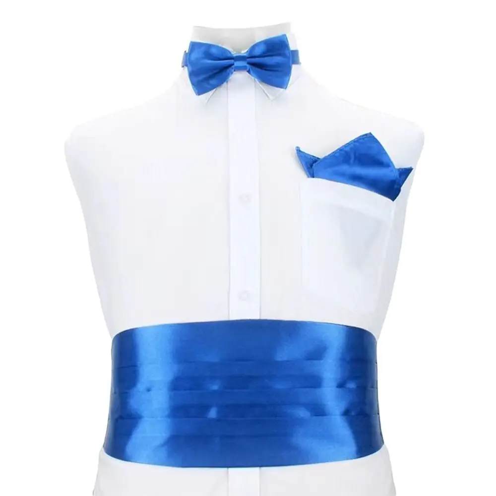 Fashion Wide Silk Satin Tuxedo Cummerbund Elastic Gentleman Pocket Square Belly Band Business Neck Tie Set Compere