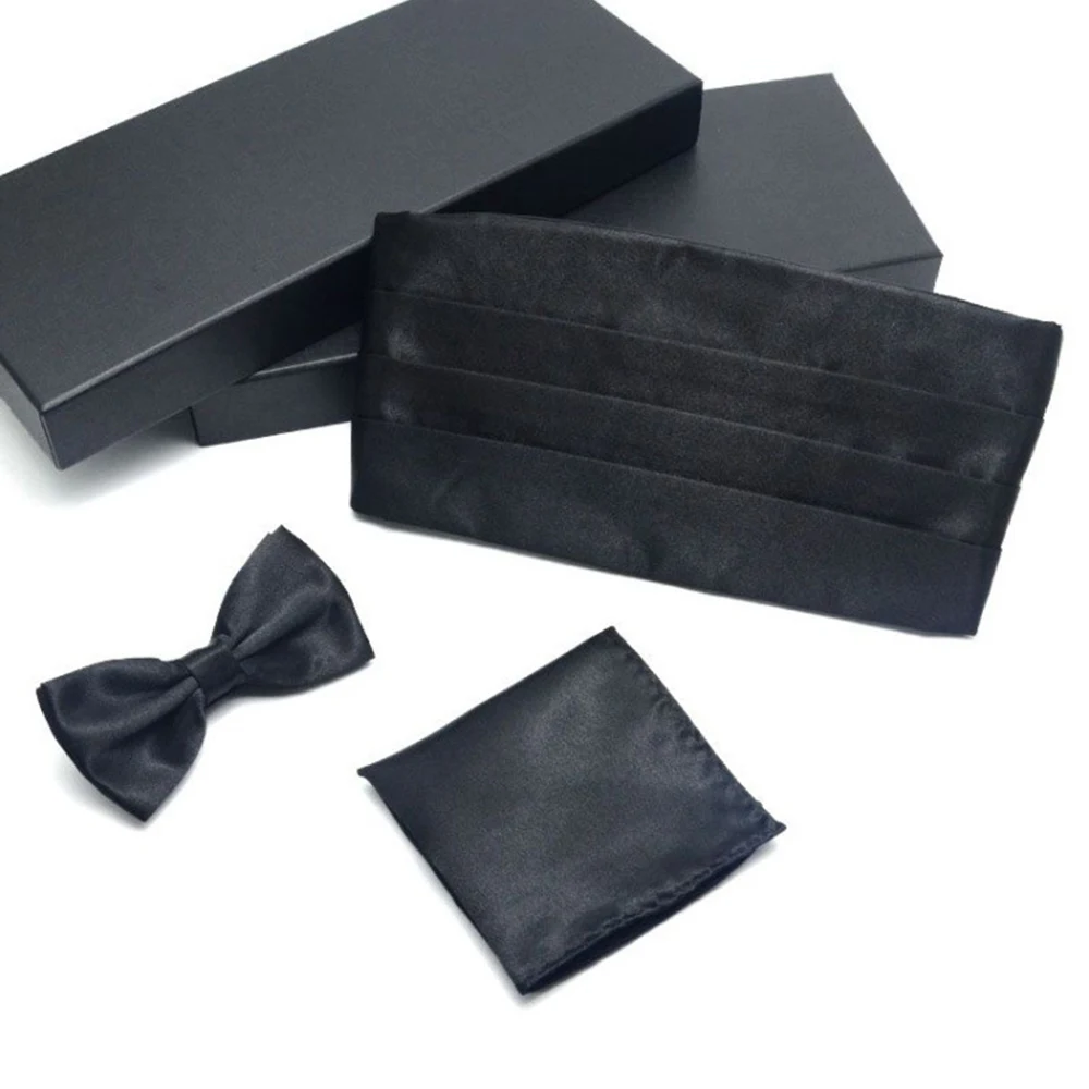 Fashion Wide Silk Satin Tuxedo Cummerbund Elastic Gentleman Pocket Square Belly Band Business Neck Tie Set Compere