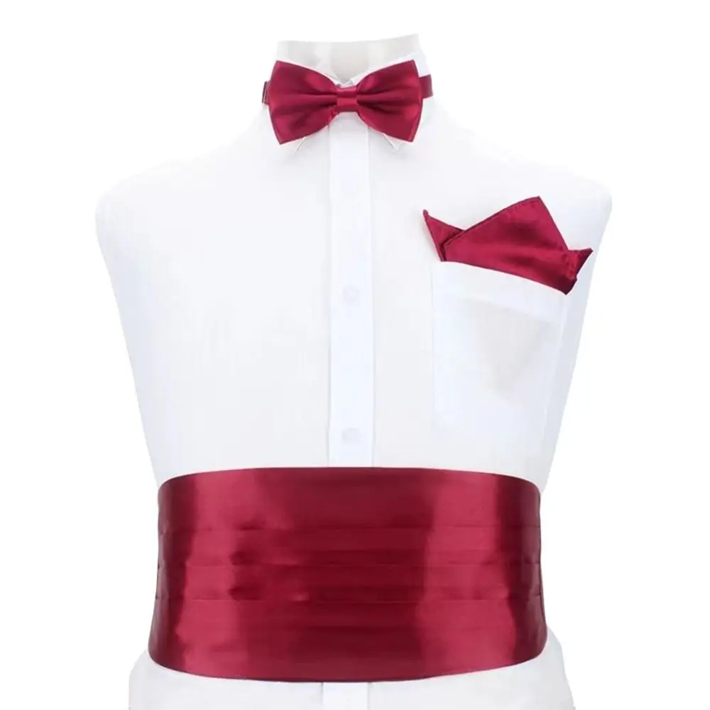 Fashion Wide Silk Satin Tuxedo Cummerbund Elastic Gentleman Pocket Square Belly Band Business Neck Tie Set Compere