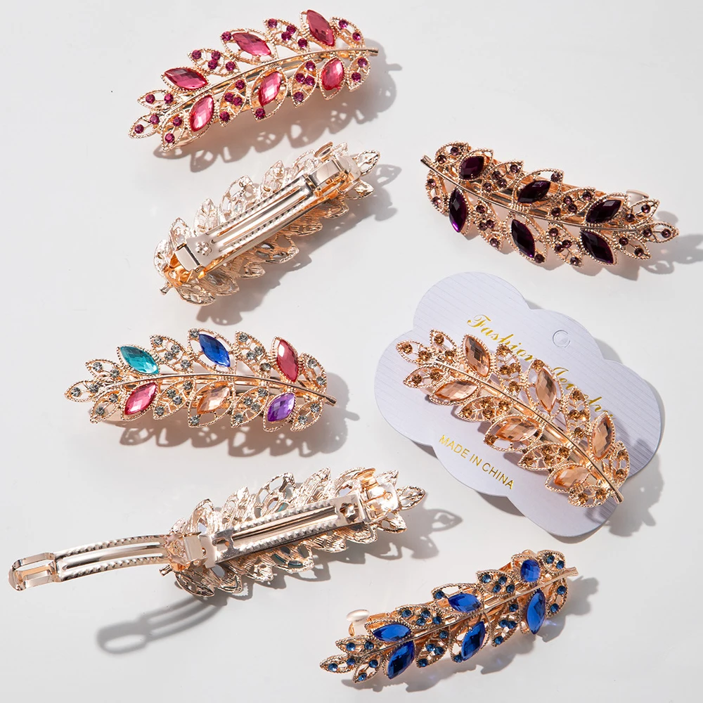 Sparkly Rhinestone Leaf Shaped Barrettes Hairpin Non-Slip Crystal Spring Hair Clips For Women Girls Thin Thick Hair French Style
