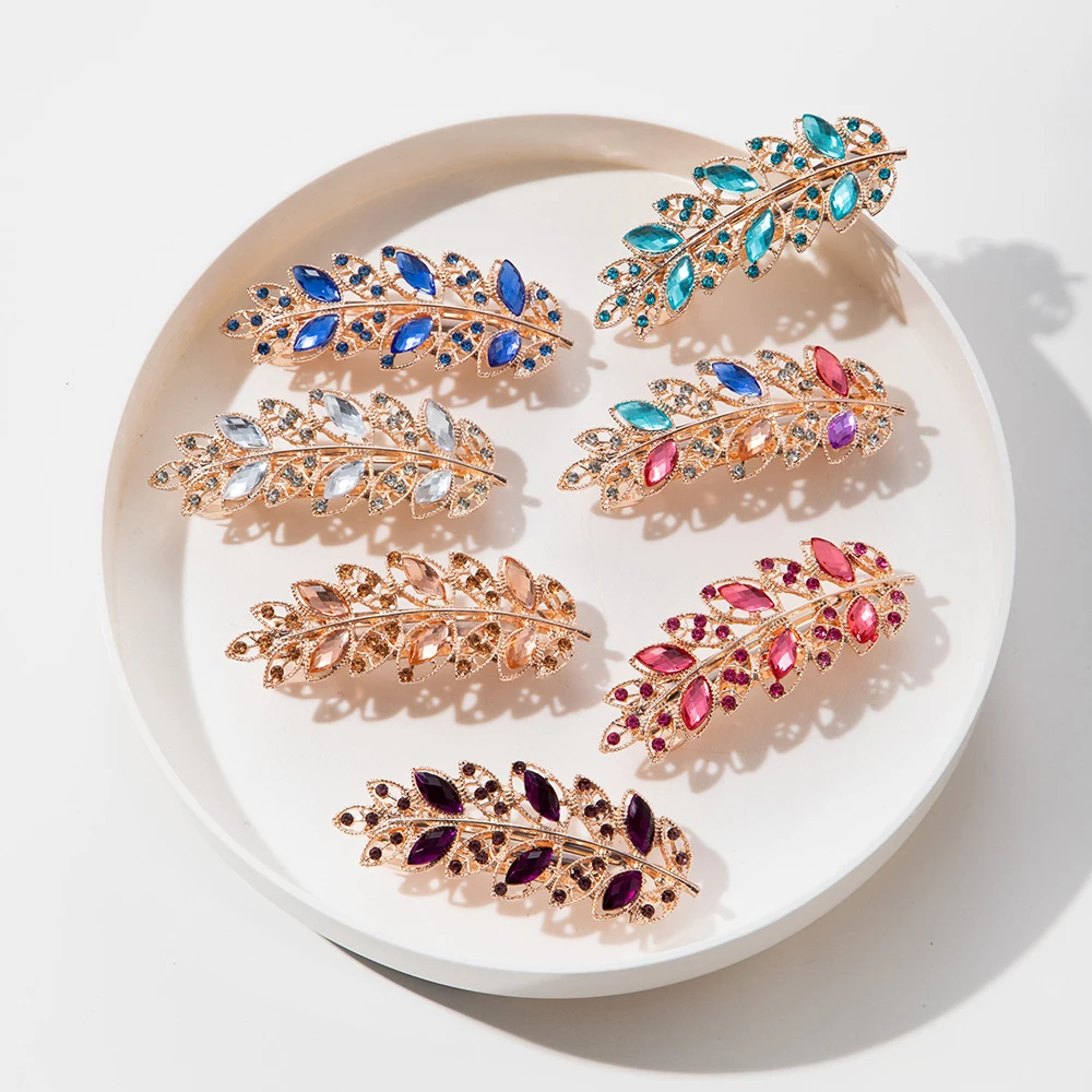 Sparkly Rhinestone Leaf Shaped Barrettes Hairpin Non-Slip Crystal Spring Hair Clips For Women Girls Thin Thick Hair French Style