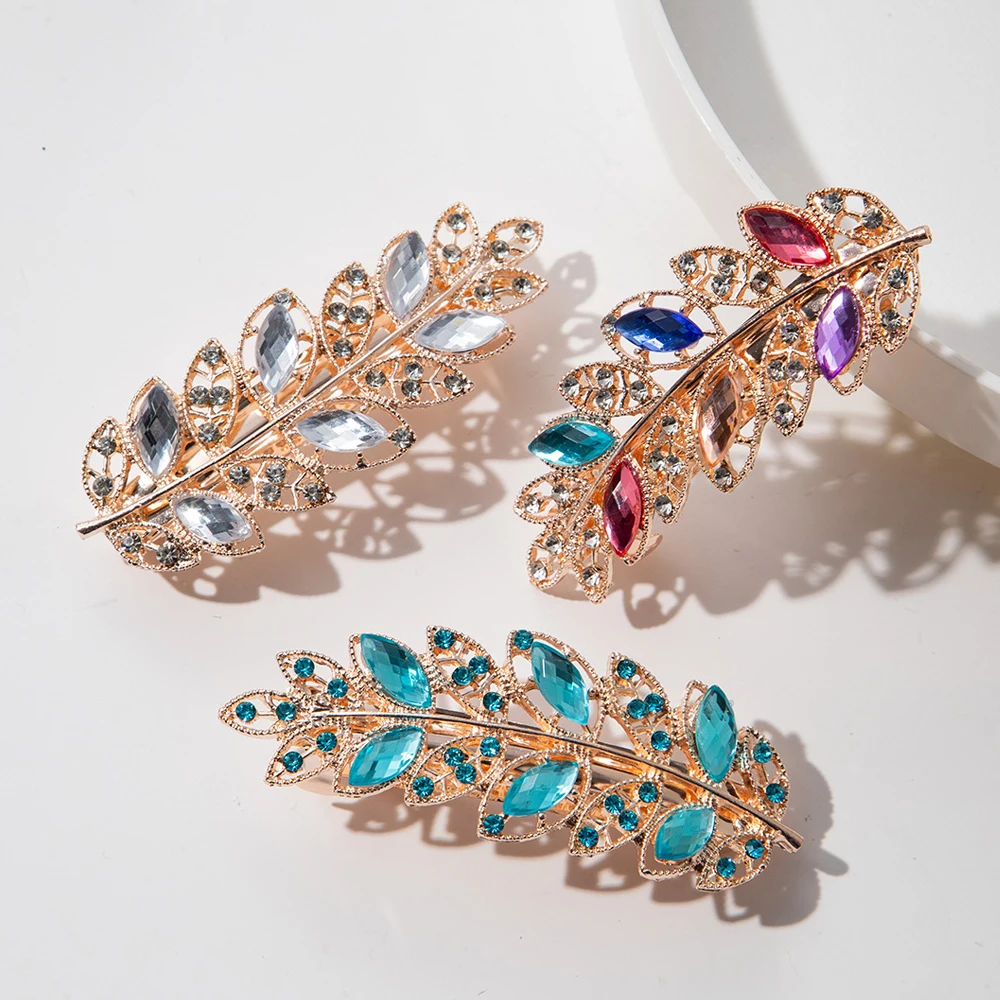 Sparkly Rhinestone Leaf Shaped Barrettes Hairpin Non-Slip Crystal Spring Hair Clips For Women Girls Thin Thick Hair French Style