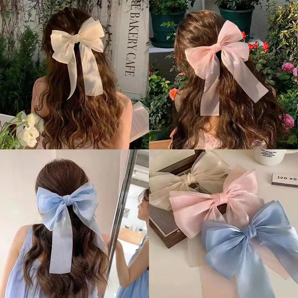 Sweet Colors Shining Satin Bowknot Hair Clip Big Ribbon Bow Barrette Solid Color Scarf Hairpin Ponytail Clip Hair Accessories
