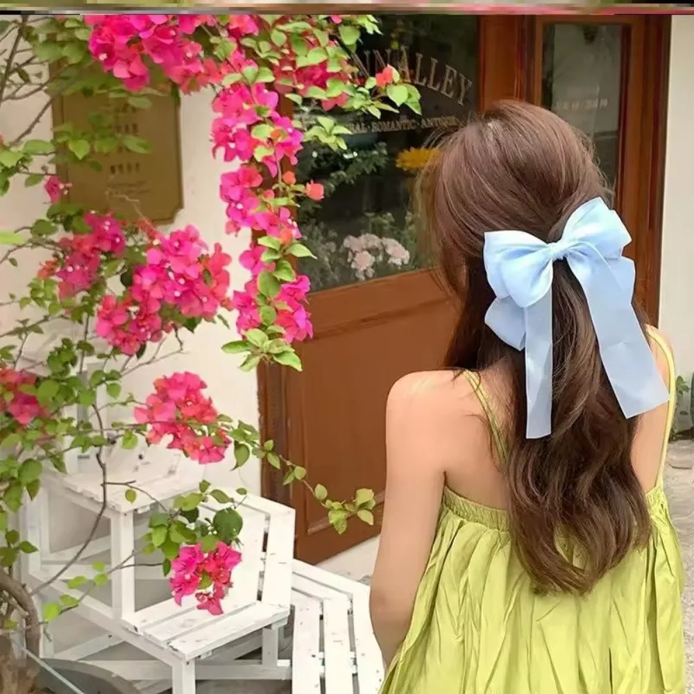 Sweet Colors Shining Satin Bowknot Hair Clip Big Ribbon Bow Barrette Solid Color Scarf Hairpin Ponytail Clip Hair Accessories