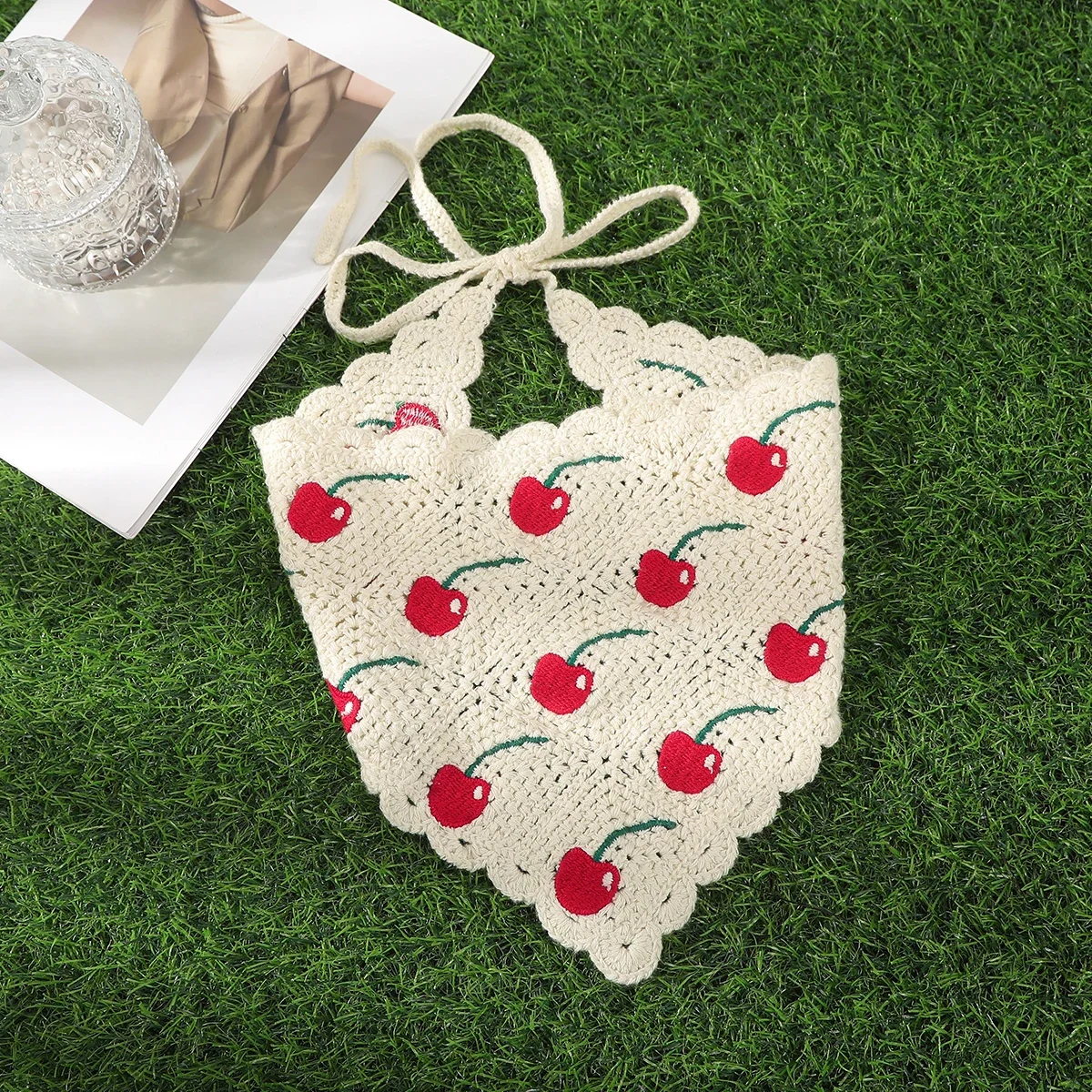 Y2K Cherry Print Lace Triangle Bandana, Vintage Hair Accessories for Women, Cute Holiday Head Wrap for Makeup & Daily Styling