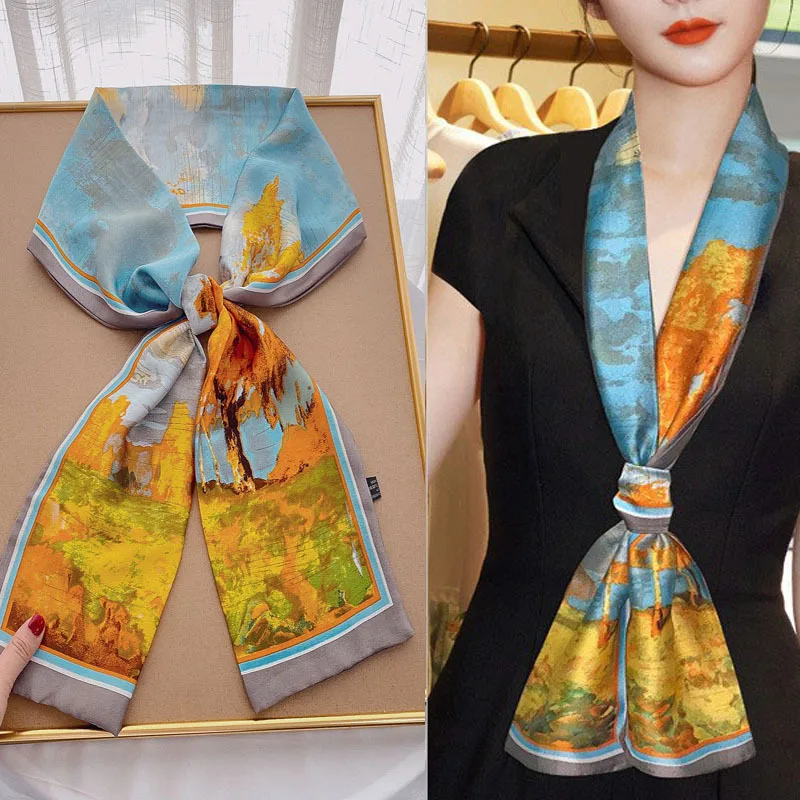 Luxury Design Print Hair Ribbon Scarf Women Neck Tie Bag Scarfs Satin Silk Skinny Headscarves Ladies Foulard Floral Bands