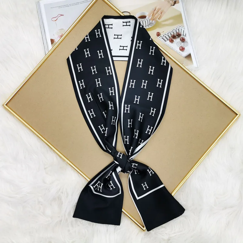 Luxury Design Print Hair Ribbon Scarf Women Neck Tie Bag Scarfs Satin Silk Skinny Headscarves Ladies Foulard Floral Bands