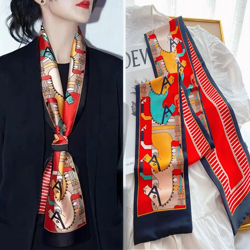 Luxury Design Print Hair Ribbon Scarf Women Neck Tie Bag Scarfs Satin Silk Skinny Headscarves Ladies Foulard Floral Bands