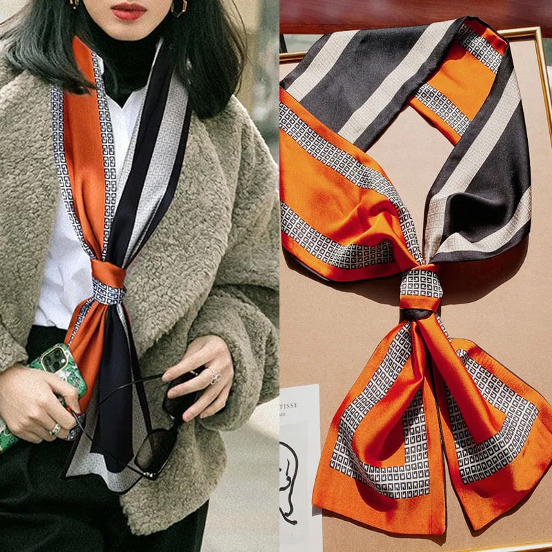 Luxury Design Print Hair Ribbon Scarf Women Neck Tie Bag Scarfs Satin Silk Skinny Headscarves Ladies Foulard Floral Bands