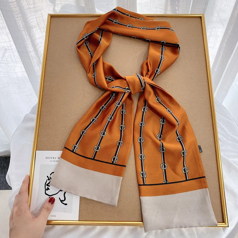 Luxury Design Print Hair Ribbon Scarf Women Neck Tie Bag Scarfs Satin Silk Skinny Headscarves Ladies Foulard Floral Bands