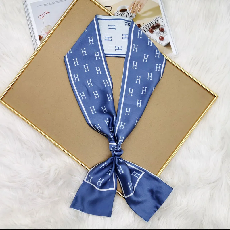 Luxury Design Print Hair Ribbon Scarf Women Neck Tie Bag Scarfs Satin Silk Skinny Headscarves Ladies Foulard Floral Bands