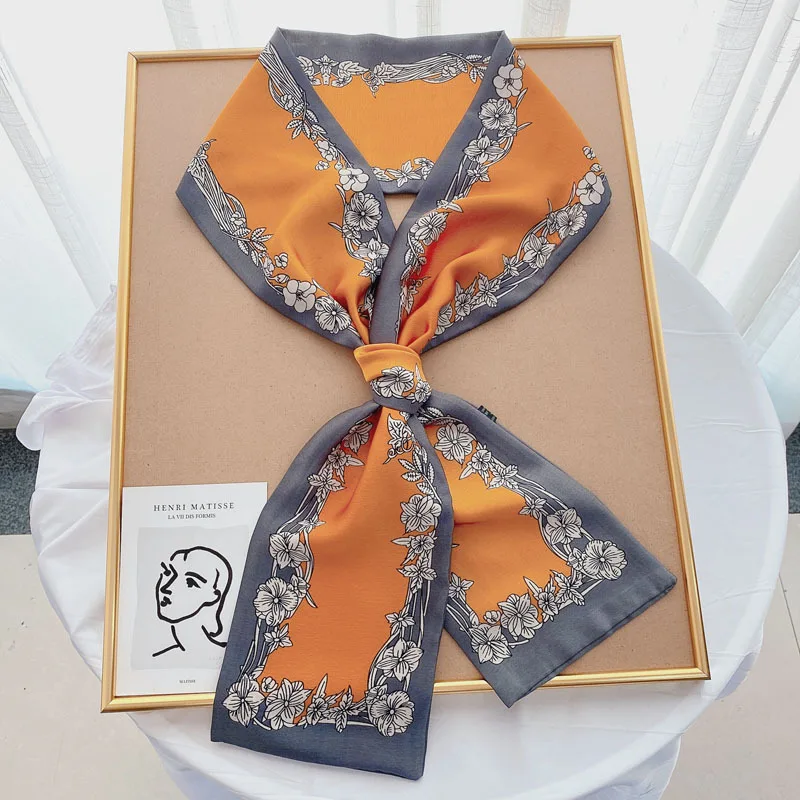 Luxury Design Print Hair Ribbon Scarf Women Neck Tie Bag Scarfs Satin Silk Skinny Headscarves Ladies Foulard Floral Bands