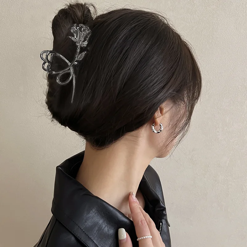 1pc Retro Metal Rose Hair Claw French Chic Updo Clip Back of Head Claw Shark Clip Hair Accessories
