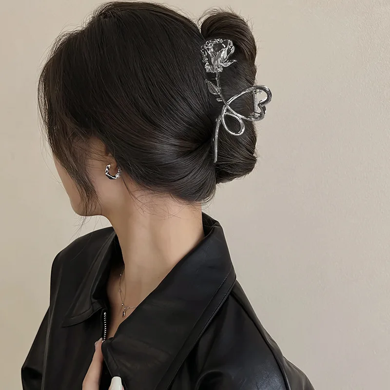 1pc Retro Metal Rose Hair Claw French Chic Updo Clip Back of Head Claw Shark Clip Hair Accessories