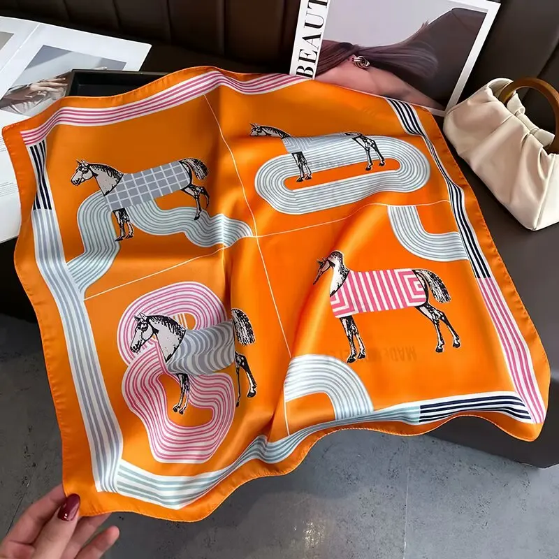 Luxury Silk Shawl Square Scarf Women Horse Satin Hijab Fashion Wraps Neckerchief Female Hair Bands Ribbon Headband Bandana 70CM