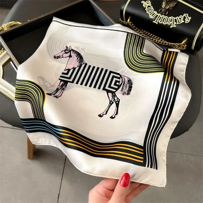 Luxury Silk Shawl Square Scarf Women Horse Satin Hijab Fashion Wraps Neckerchief Female Hair Bands Ribbon Headband Bandana 70CM