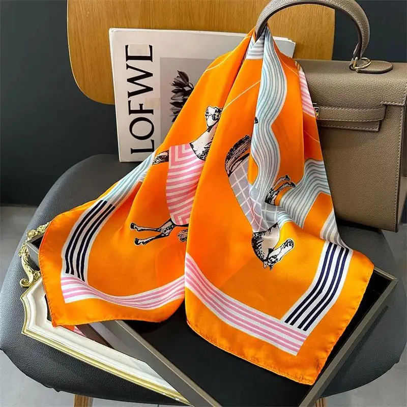 Luxury Silk Shawl Square Scarf Women Horse Satin Hijab Fashion Wraps Neckerchief Female Hair Bands Ribbon Headband Bandana 70CM