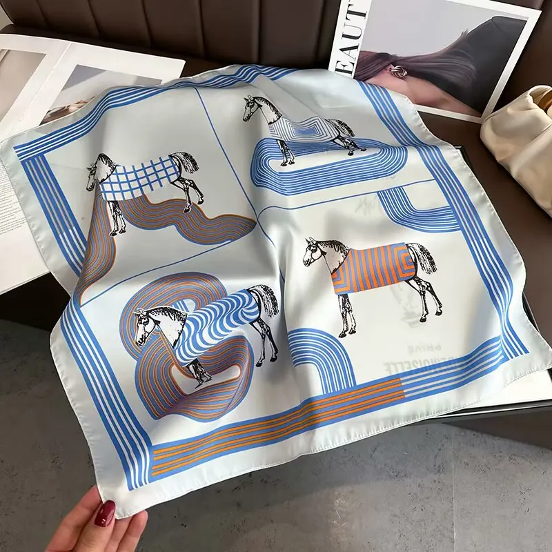 Luxury Silk Shawl Square Scarf Women Horse Satin Hijab Fashion Wraps Neckerchief Female Hair Bands Ribbon Headband Bandana 70CM