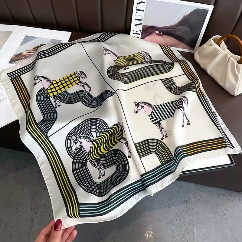 Luxury Silk Shawl Square Scarf Women Horse Satin Hijab Fashion Wraps Neckerchief Female Hair Bands Ribbon Headband Bandana 70CM