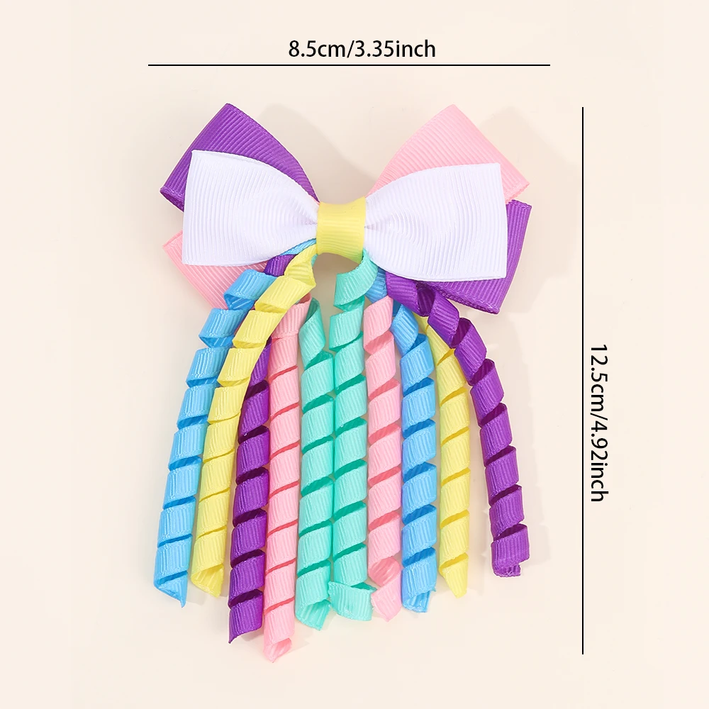 2Pcs Ribbon-Tassel Hair Clips Popular Sweet Rainbow Curly Ribbon Double Ponytail Hairpin Baby Girl Hair Accessories For Children