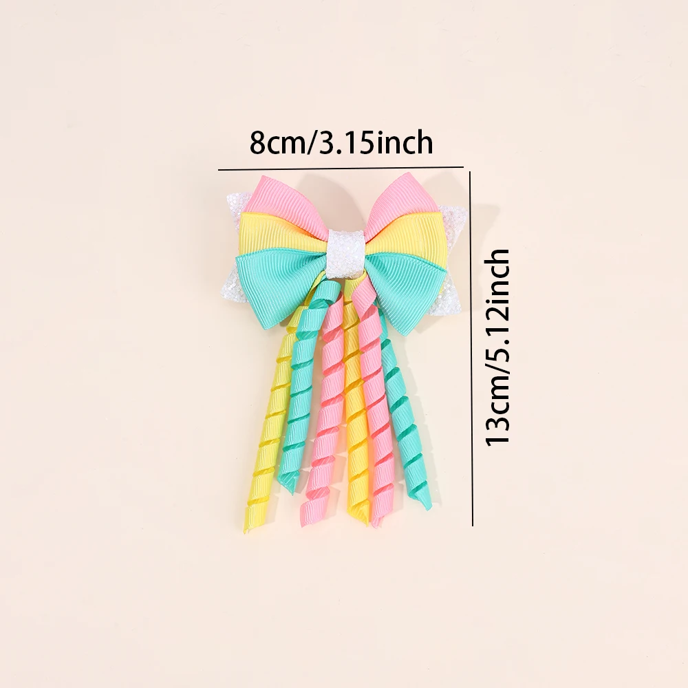 2Pcs Ribbon-Tassel Hair Clips Popular Sweet Rainbow Curly Ribbon Double Ponytail Hairpin Baby Girl Hair Accessories For Children