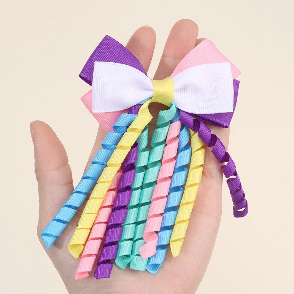 2Pcs Ribbon-Tassel Hair Clips Popular Sweet Rainbow Curly Ribbon Double Ponytail Hairpin Baby Girl Hair Accessories For Children