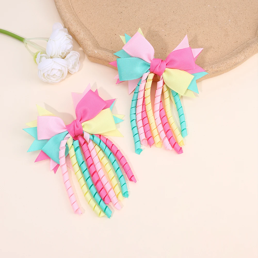 2Pcs Ribbon-Tassel Hair Clips Popular Sweet Rainbow Curly Ribbon Double Ponytail Hairpin Baby Girl Hair Accessories For Children
