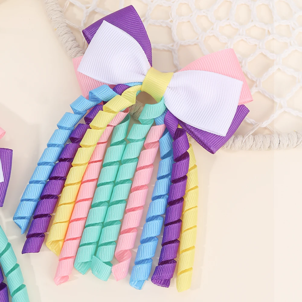 2Pcs Ribbon-Tassel Hair Clips Popular Sweet Rainbow Curly Ribbon Double Ponytail Hairpin Baby Girl Hair Accessories For Children