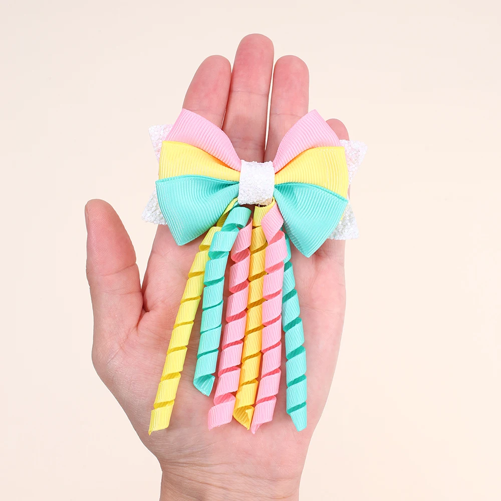 2Pcs Ribbon-Tassel Hair Clips Popular Sweet Rainbow Curly Ribbon Double Ponytail Hairpin Baby Girl Hair Accessories For Children