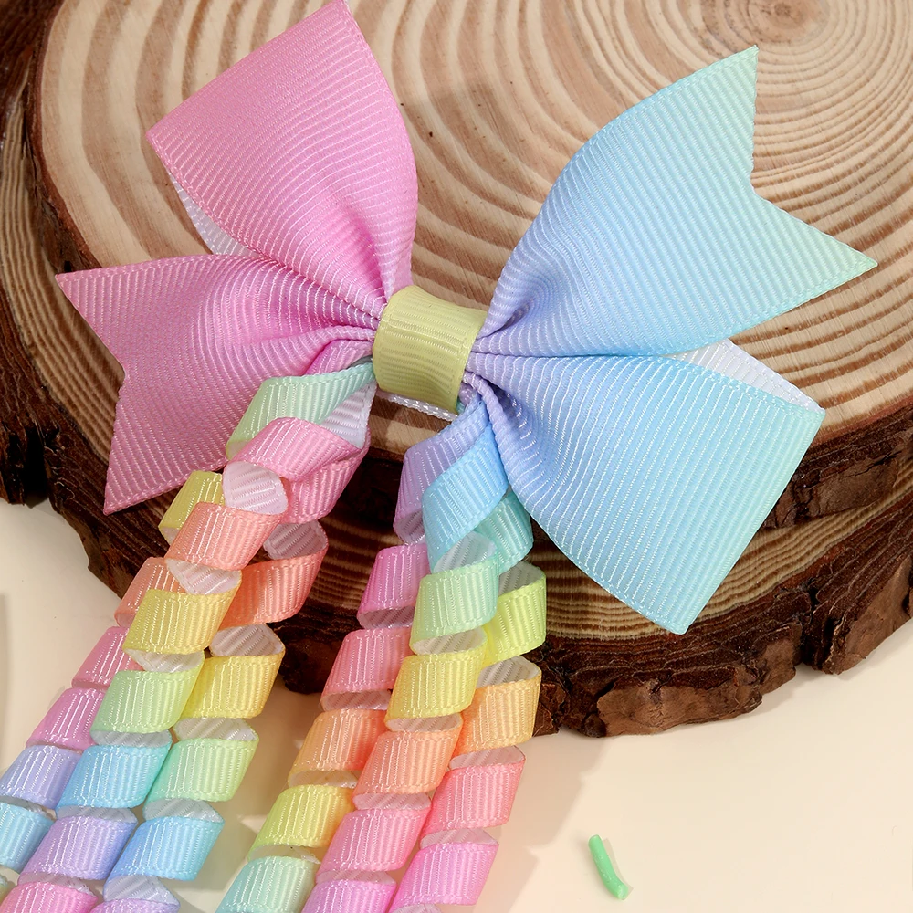 2Pcs Ribbon-Tassel Hair Clips Popular Sweet Rainbow Curly Ribbon Double Ponytail Hairpin Baby Girl Hair Accessories For Children