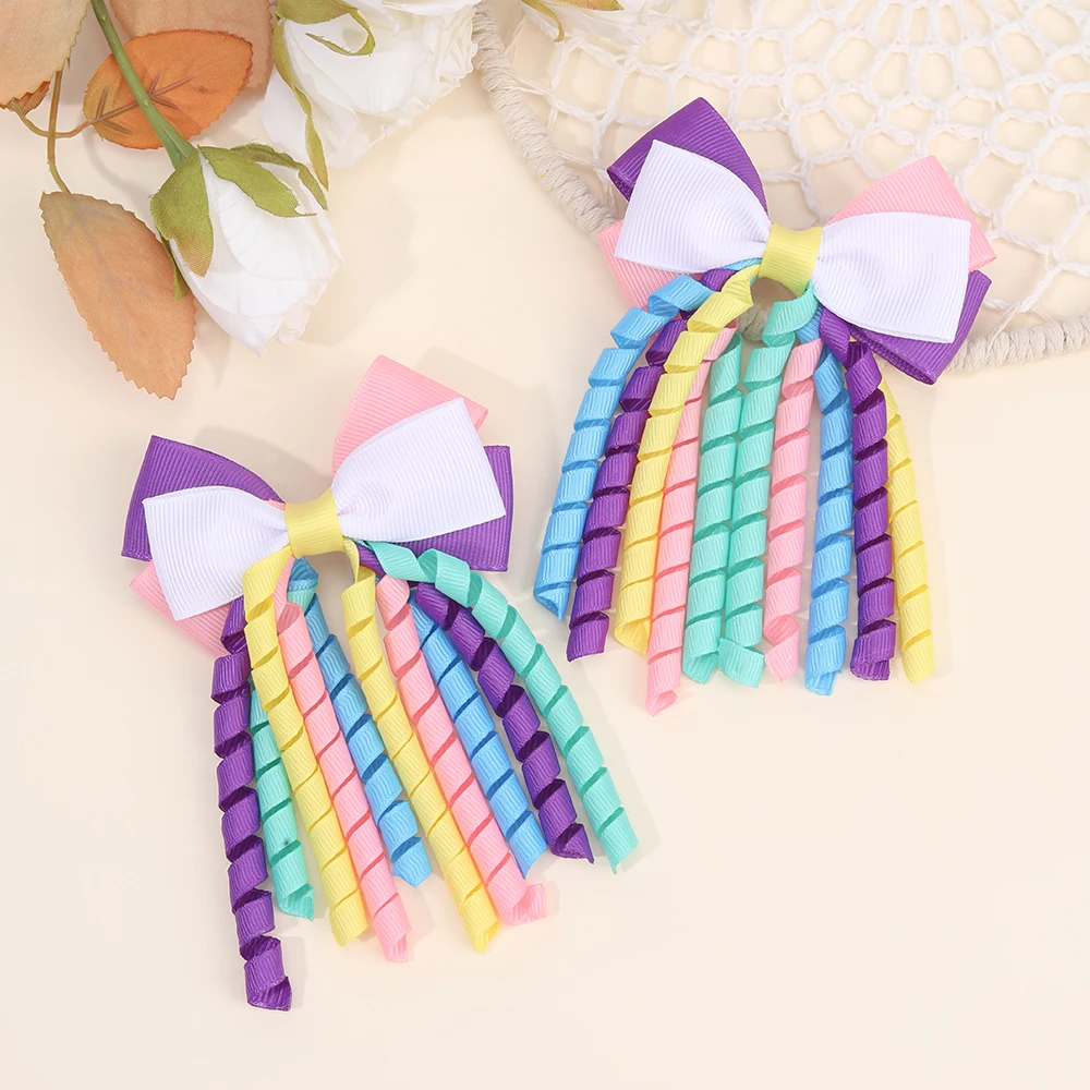 2Pcs Ribbon-Tassel Hair Clips Popular Sweet Rainbow Curly Ribbon Double Ponytail Hairpin Baby Girl Hair Accessories For Children