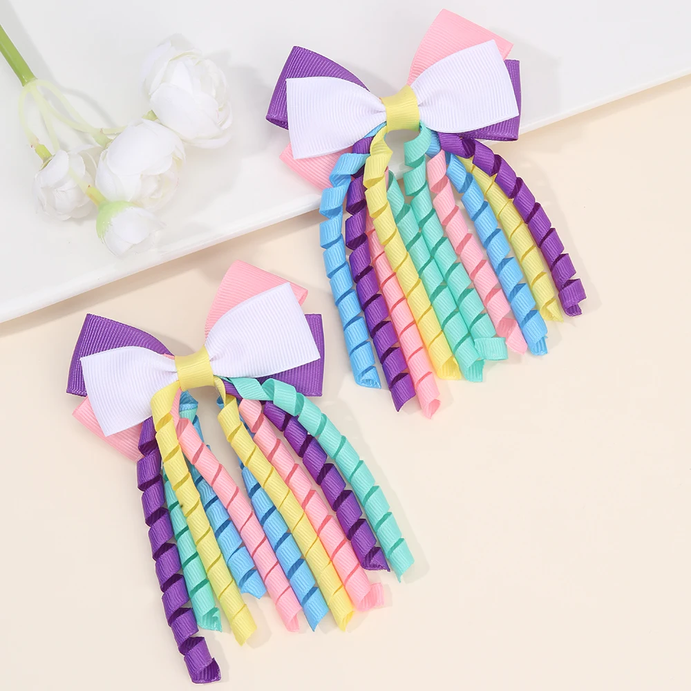 2Pcs Ribbon-Tassel Hair Clips Popular Sweet Rainbow Curly Ribbon Double Ponytail Hairpin Baby Girl Hair Accessories For Children