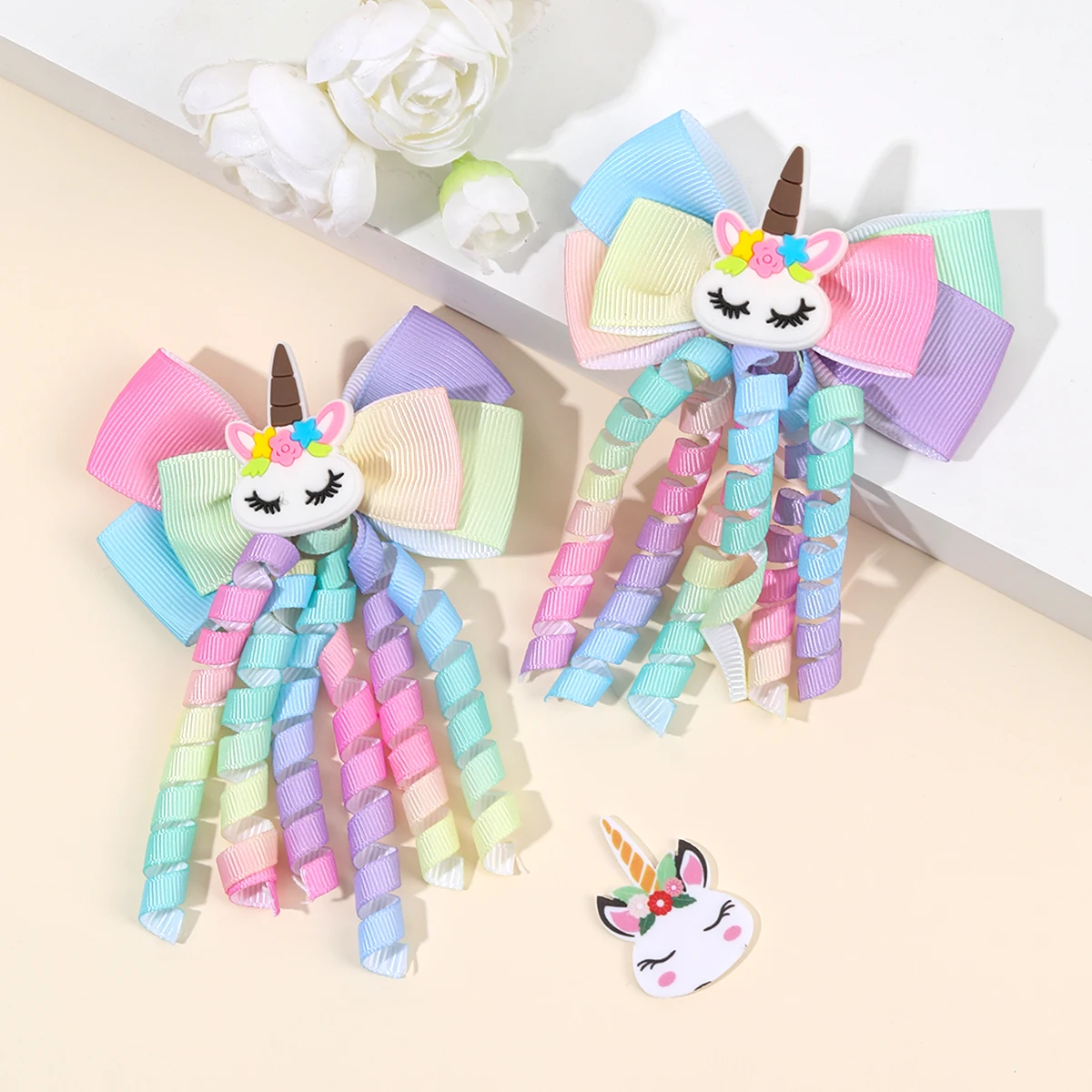 2Pcs Ribbon-Tassel Hair Clips Popular Sweet Rainbow Curly Ribbon Double Ponytail Hairpin Baby Girl Hair Accessories For Children