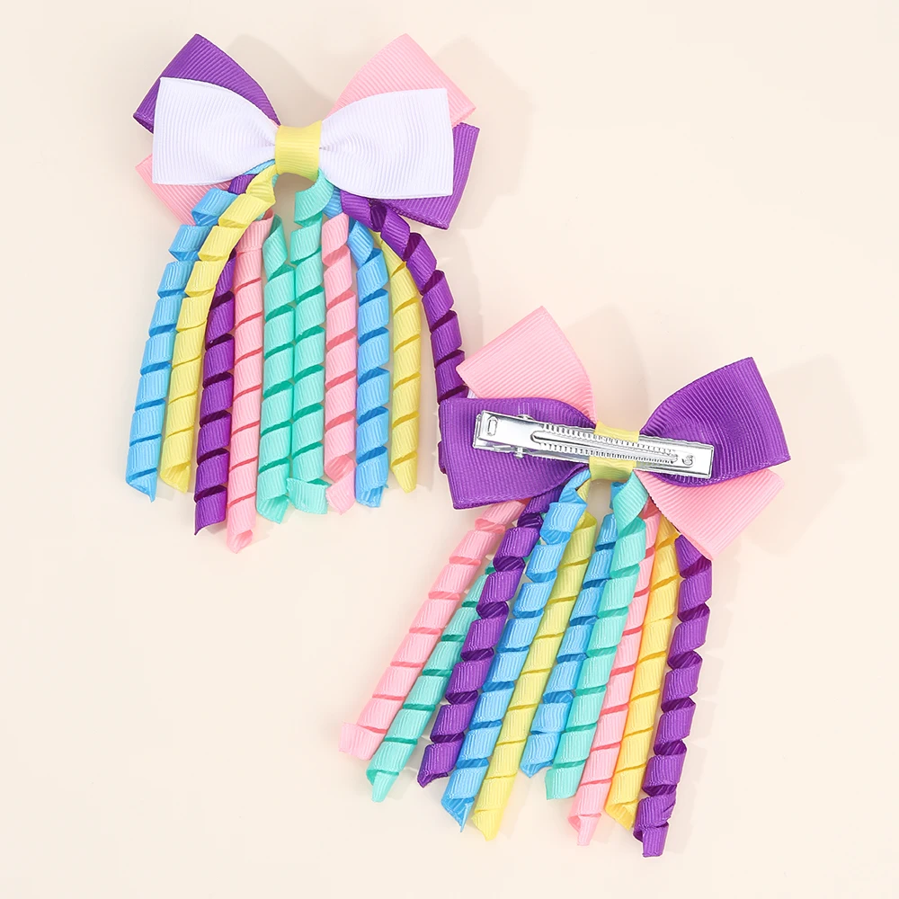 2Pcs Ribbon-Tassel Hair Clips Popular Sweet Rainbow Curly Ribbon Double Ponytail Hairpin Baby Girl Hair Accessories For Children